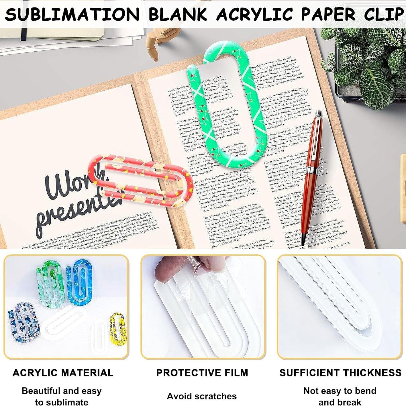 Wholesale 20pcs Blank unfinished transparent acrylic paper clip bookmark